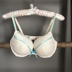 VS Angels White lace/teal push up bra, size 34D